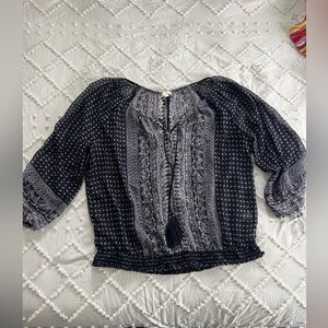 Charming Charlie Navy & White Boho Peasant Blouse with Tassel Tie